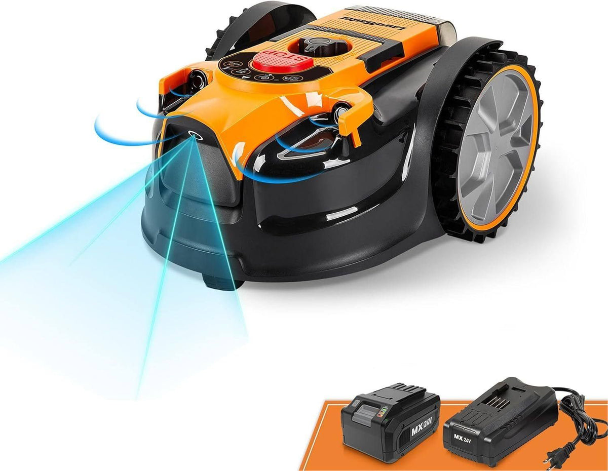 Lawnmaster vbrm16 Ocumow Tondeuse Robot de Jardin Pose et Tond pour 150m² Coupe 20-60 mm avec Batterie Lithium-ion Mx 24v 4.0ah et Chargeur Rapide(Noir/Orange)