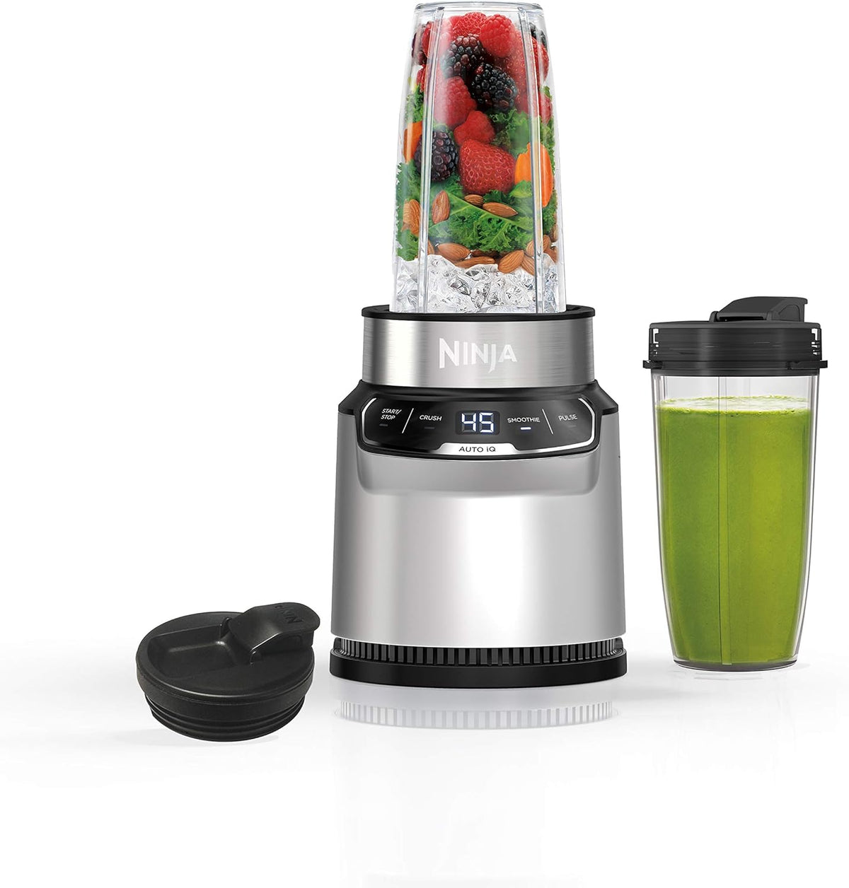 Ninja BN401 Nutri Pro Compact Personal Blender, Auto-iQ Technology, 1100-Peak-Watts, for Frozen Drinks, Smoothies, Sauces More, with (2) 24-oz. To-Go Cups Spout Lids, Cloud Silver