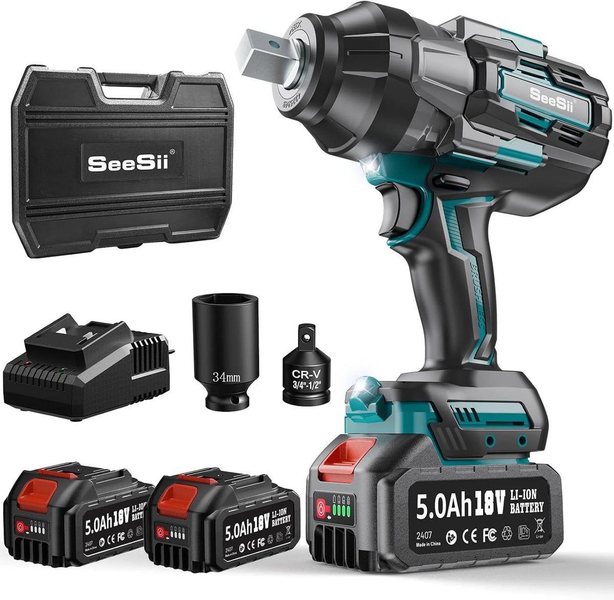 Seesii clé à chocs 1600Nm sans fil 3/4, 2x 18V batteries, 34mm douilles