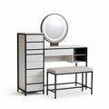 Coiffeuse moderne avec miroir rond éclairant et rangements en bois blanc et métal noir 150 x 45 x 75cm