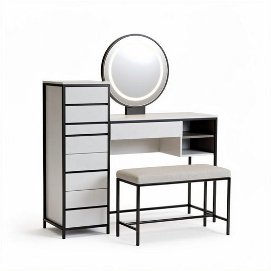 Coiffeuse moderne avec miroir rond éclairant et rangements en bois blanc et métal noir 150 x 45 x 75cm