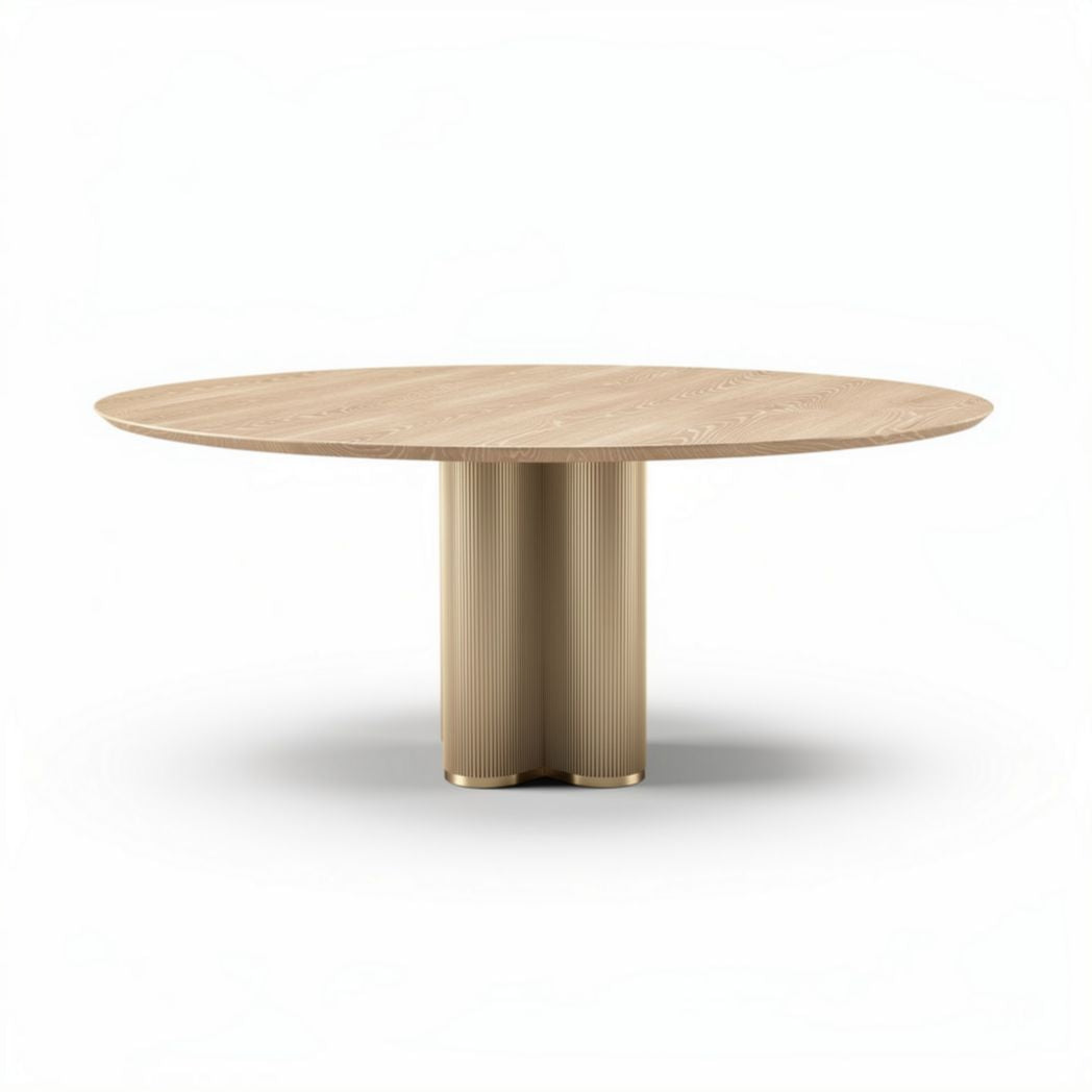 Table ronde en bois de chêne de 150 x 150 x 75 cm avec base en métal doré