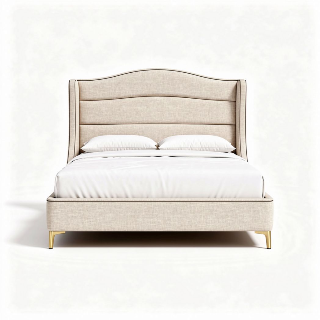 Lit en tissu beige avec tête de lit rembourrée 200 x 160 x 100cm
