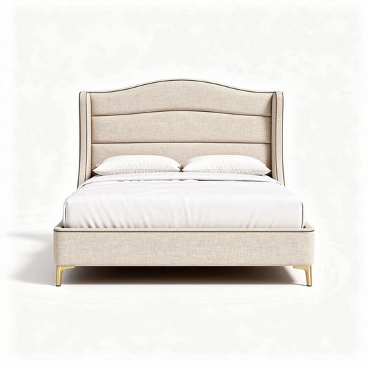 Lit en tissu beige avec tête de lit rembourrée 200 x 160 x 100cm
