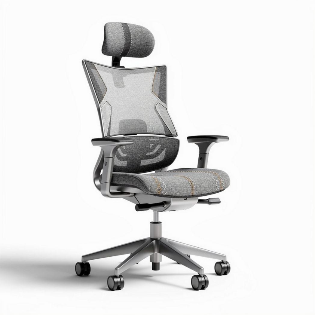 Chaise de bureau ergonomique en tissu gris avec appui-tête réglable 45 x 55 x 120cm