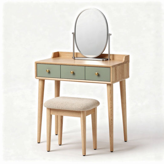 Coiffeuse en bois avec miroir ovale et trois tiroirs, 80 x 40 x 75 cm