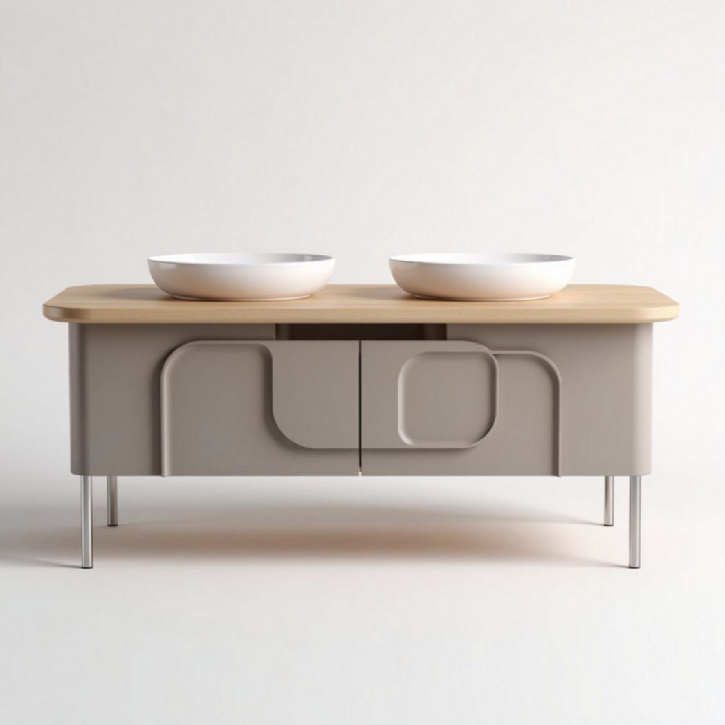 Meuble de salle de bain en bois et plastique avec deux lavabos blancs 90 x 45 x 80cm