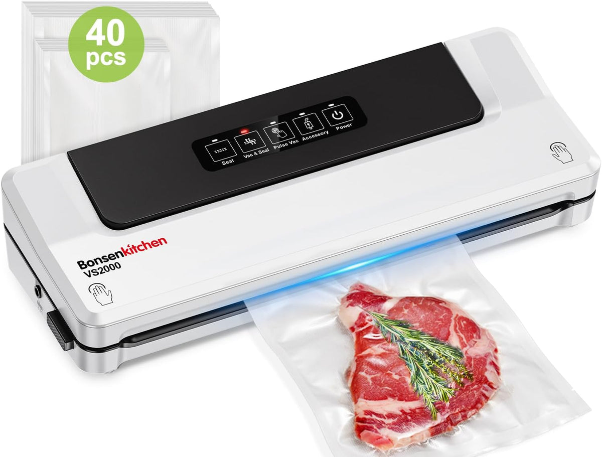 Bonsenkitchen Machine Sous Vide Alimentaire - Appareil de Mise Sous Vide pour La Cuisson Sous Vide et La Conservation des Aliments Frais, Y 40 Compris Les Sacs Sous Vide(Blanc (40 Sacs Sous Vide))