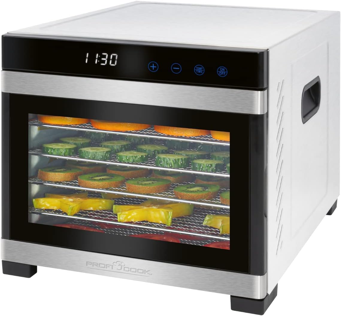 ProfiCook PC-DR 1218 Déshydrateur automatique en acier inoxydable, grand espace intérieur pour une utilisation jusqu'à 6 étages, boîtier en acier inoxydable, thermostat numérique inclus(6 niveaux)