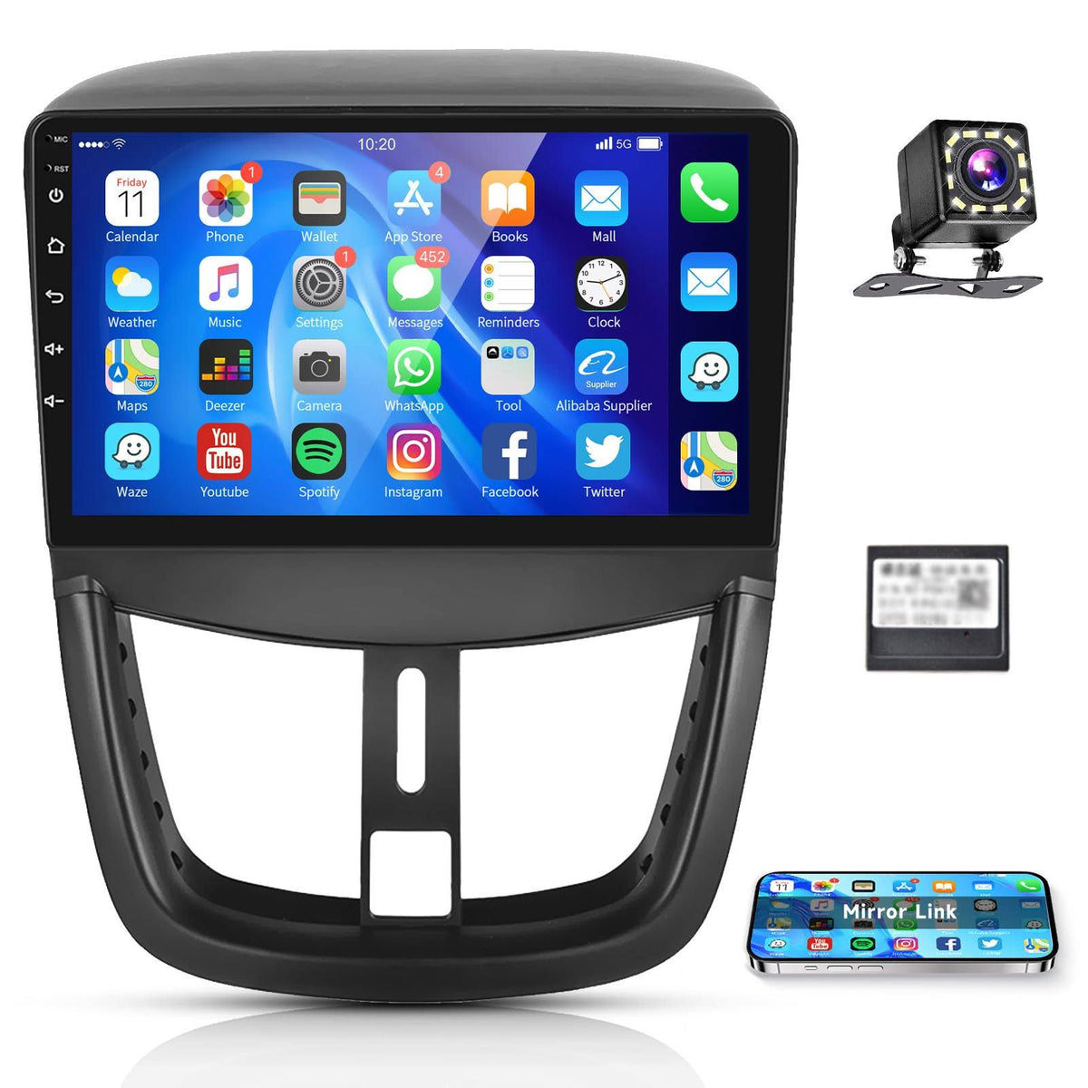Podofo Autoradio pour Peugeot 207 2006-2015, Radio Android à écran Tactile 9 avec Mirror Link, Bluetooth/GPS/WiFi/FM/RDS/SWC/USB/Canbus+Caméra(Noir)