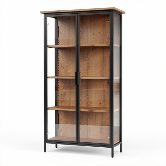 Vitrine en métal noir et bois de chêne de 80 x 40 x 170 cm