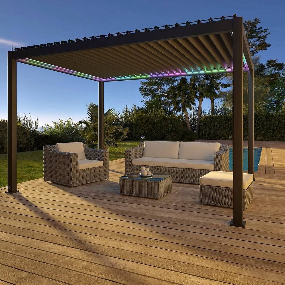 Pergola bioclimatique Alyssa motorisée 4x3m en Aluminium Gris avec LED(Gris)