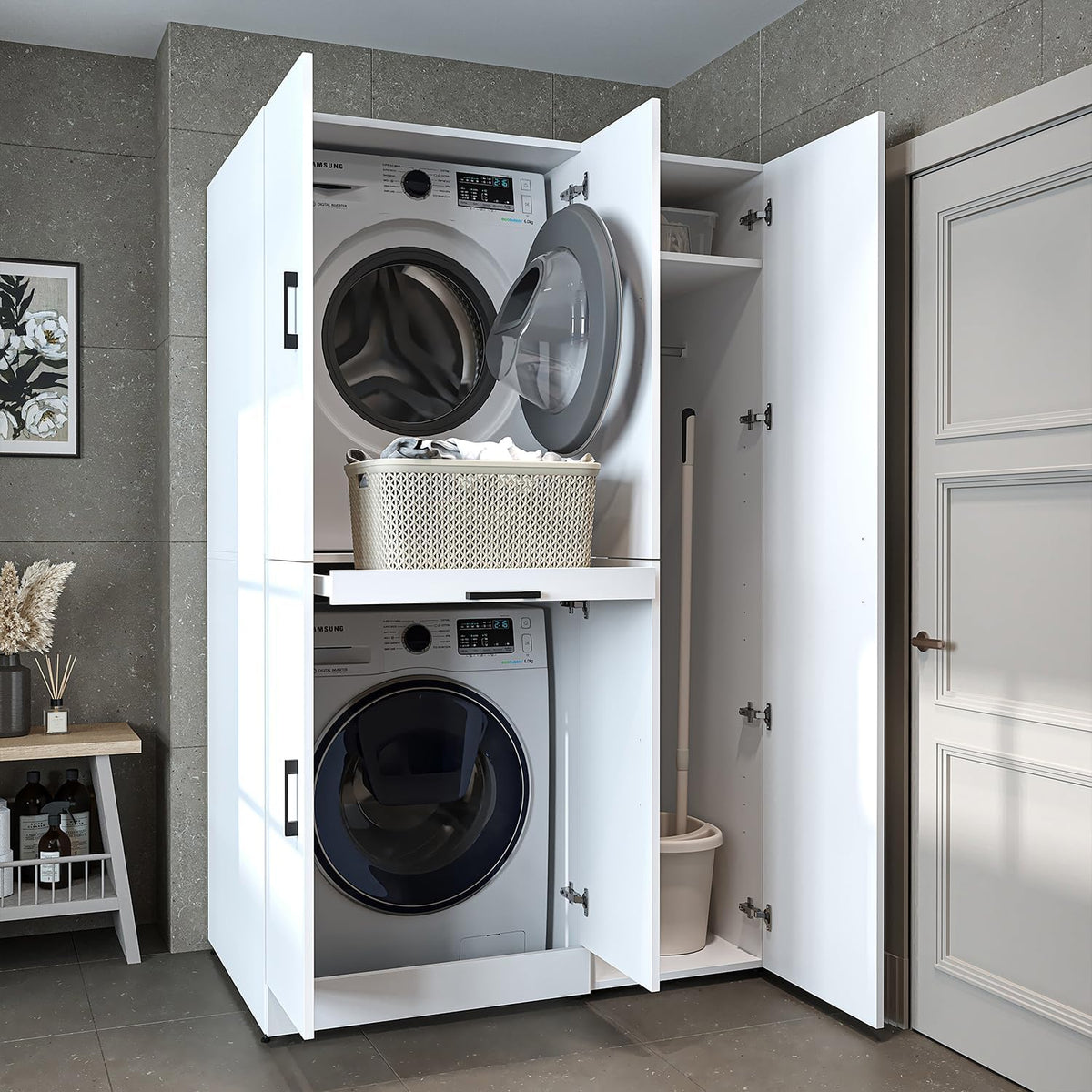 ROOMART Dora - Armoire de machine à laver - Pour sèche-linge et machine à laver - En 4 couleurs - Avec portes et panneau coulissant - Blanc - Chêne blanc - Chêne anthracite - Chêne blanc (chêne blanc)(Blanc)